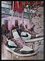 Sneaker print high - pink laces basket 51x71 cm *ingelijst & gesigneerd