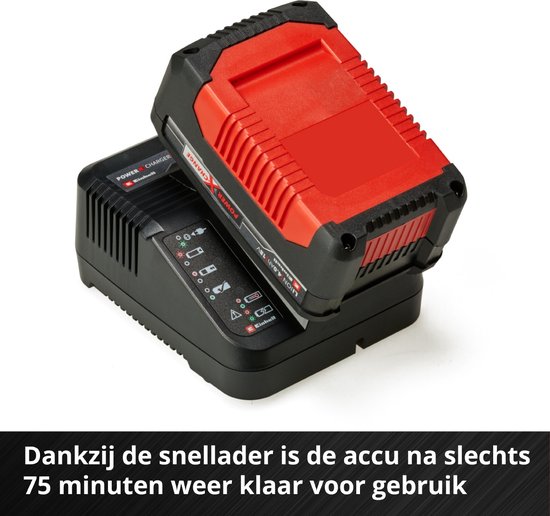 Einhell Power X-Change accu op zwarte oplader, beide met rode details.