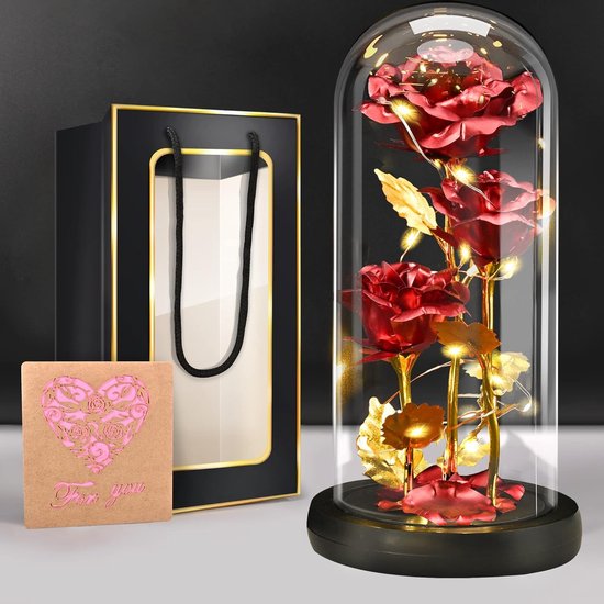 Eeuwige roos in glas - Infinity Roses Cadeaus voor vrouwen, Belle en het Beest Roos met licht, 3 rode sprankelende rozen in glazen koepel, LED-glas Galaxy Rozen Verjaardagscadeau voor haar, vriendin, moeder