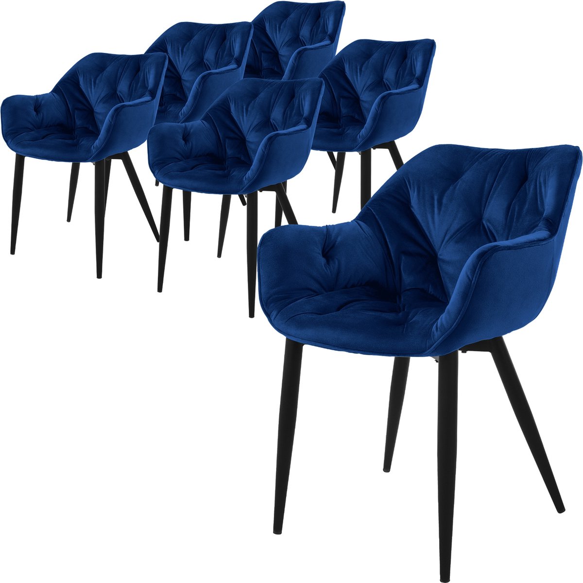 ml-design eetkamerstoelen set van 6 donkerblauw, keukenstoel met dikke fluwelen gestoffeerde zitting, metalen poten, woonkamerstoel met rugleuning en armleuningen, gewatteerde gestoffeerde stoel