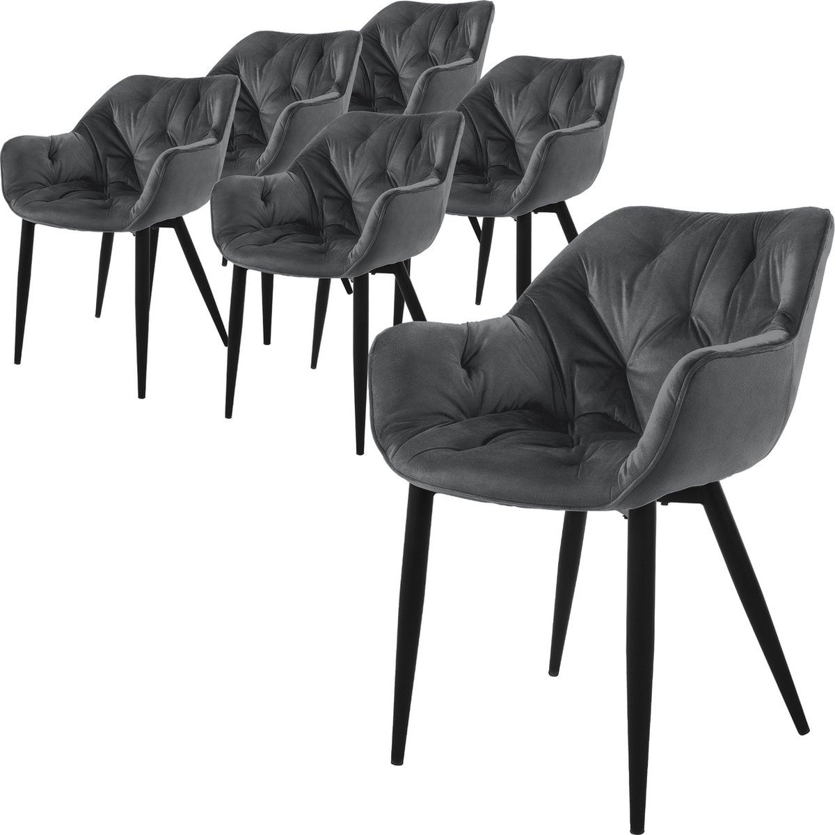 ml-design Eetkamerstoelen set van 6 antraciet, keukenstoel met dik fluweel gestoffeerde zitting, metalen poten, woonkamerstoel met rugleuning en armleuningen, gewatteerde gestoffeerde stoel
