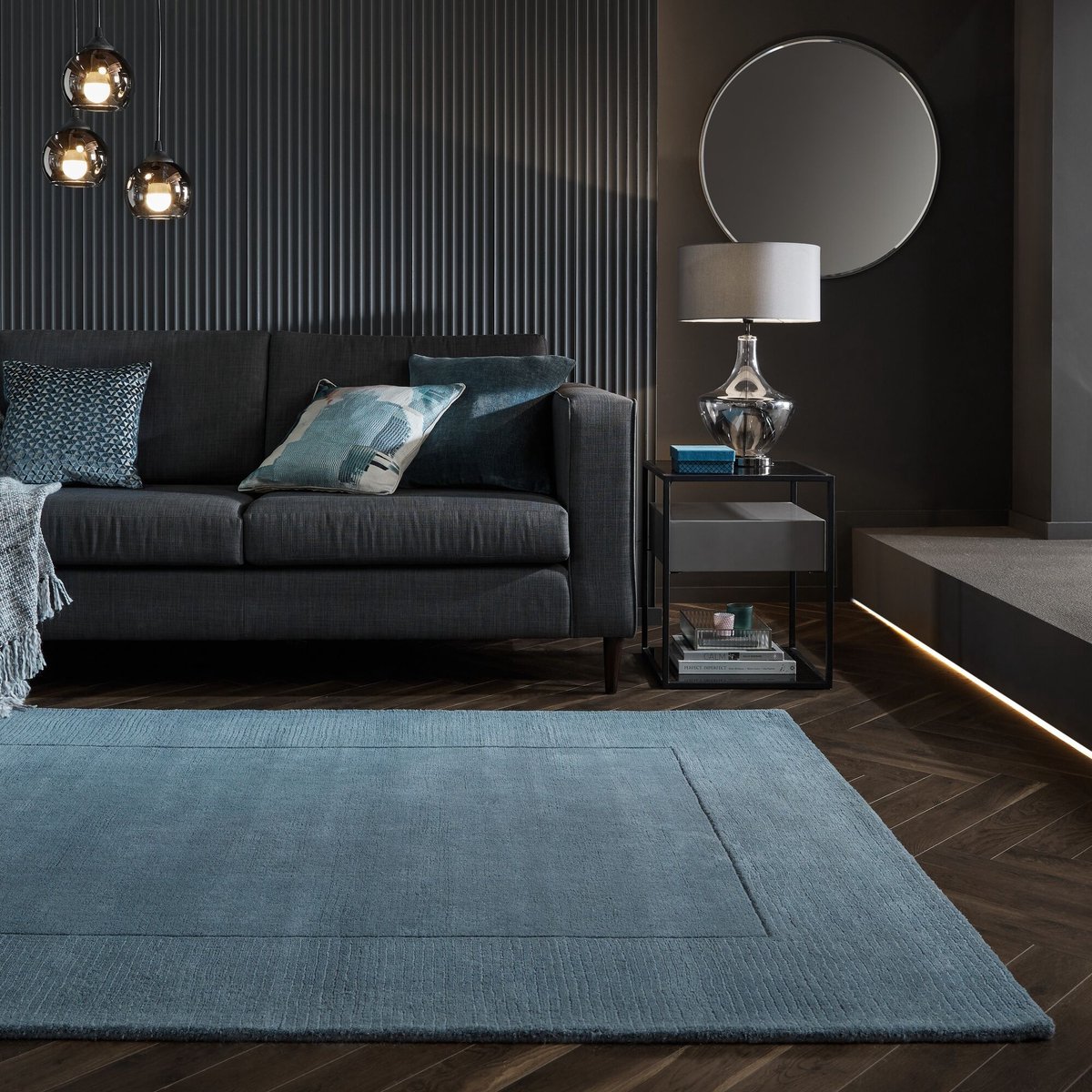 flycarpets Tuscany Modern Wol - Effen - Kader Vloerkleed - Blauw - 120x170 cm
