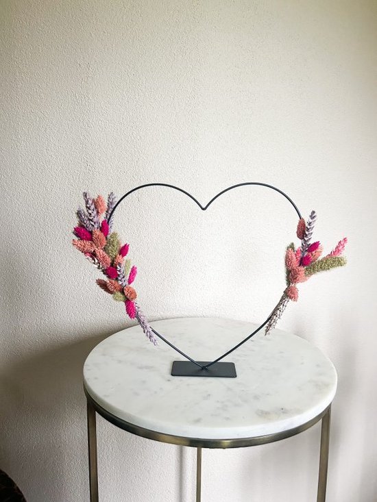 LaFlorista - Metalen hart met droogbloemen – Valentijnscadeau - Valentijn - Roze - Paars - Groen - Droogbloemen - Droogboeket