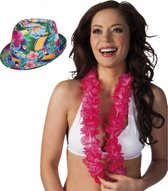Hawaii thema party verkleedset - Hoedje Tropical print - bloemenkrans roze mix - Tropical toppers - voor volwassenen
