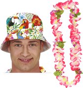 Carnaval verkleed set - Tropische Hawaii party - bucket hoedje - bloemenslinger roze mix - volwassenen
