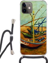 Hoesje met koord Geschikt voor iPhone 12 Mini - Vissersboten op het strand - Vincent van Gogh - Siliconen - Crossbody - Backcover met Koord - Telefoonhoesje met koord - Hoesje met touw