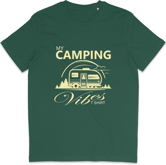 T-shirt vert foncé avec l'inscription 'My Camping Vibes' et une caravane.