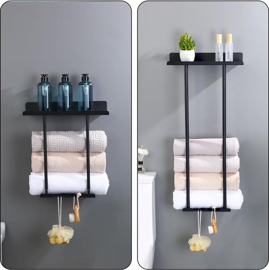 Handdoekhouder voor de deur, zwart, 73 x 44,5 x 12 cm, handdoekstang