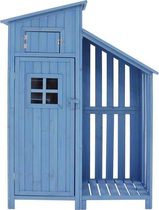Blauwe houten opbergkast met een klein raam in de deur en een open zijde voor opslag.