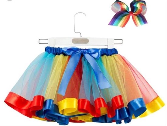 Jumada's - Regenboog Tutu Rok met Haarstrik voor Meisjes - Maat S (3 mnd - 2 jaar) - Party Dance Kleding - Inclusief Kleurrijke Rok en Kinderkleding