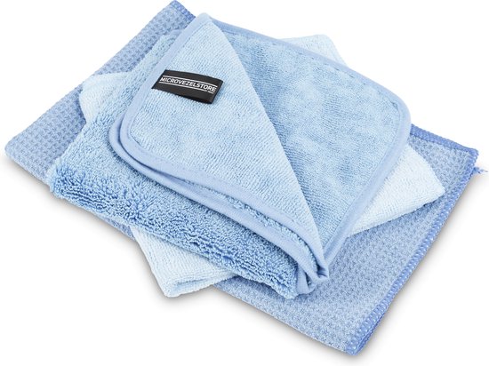 Microvezelstore.nl - Raamset blauw - Doeken voor ramen wassen - Raamdoeken - Streeploos schoon