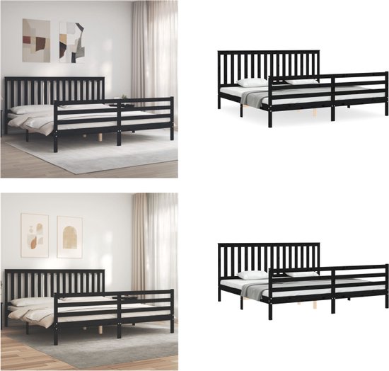 vidaXL Bedframe met hoofdbord massief hout zwart 200x200 cm - Bedframe - Bedframes - Bed - Tweepersoonsbed