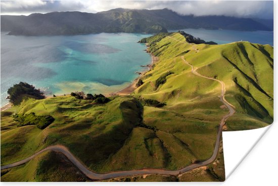 Luchtfoto Marlborough Sounds Poster 90x60 cm - Foto print op Poster (wanddecoratie)