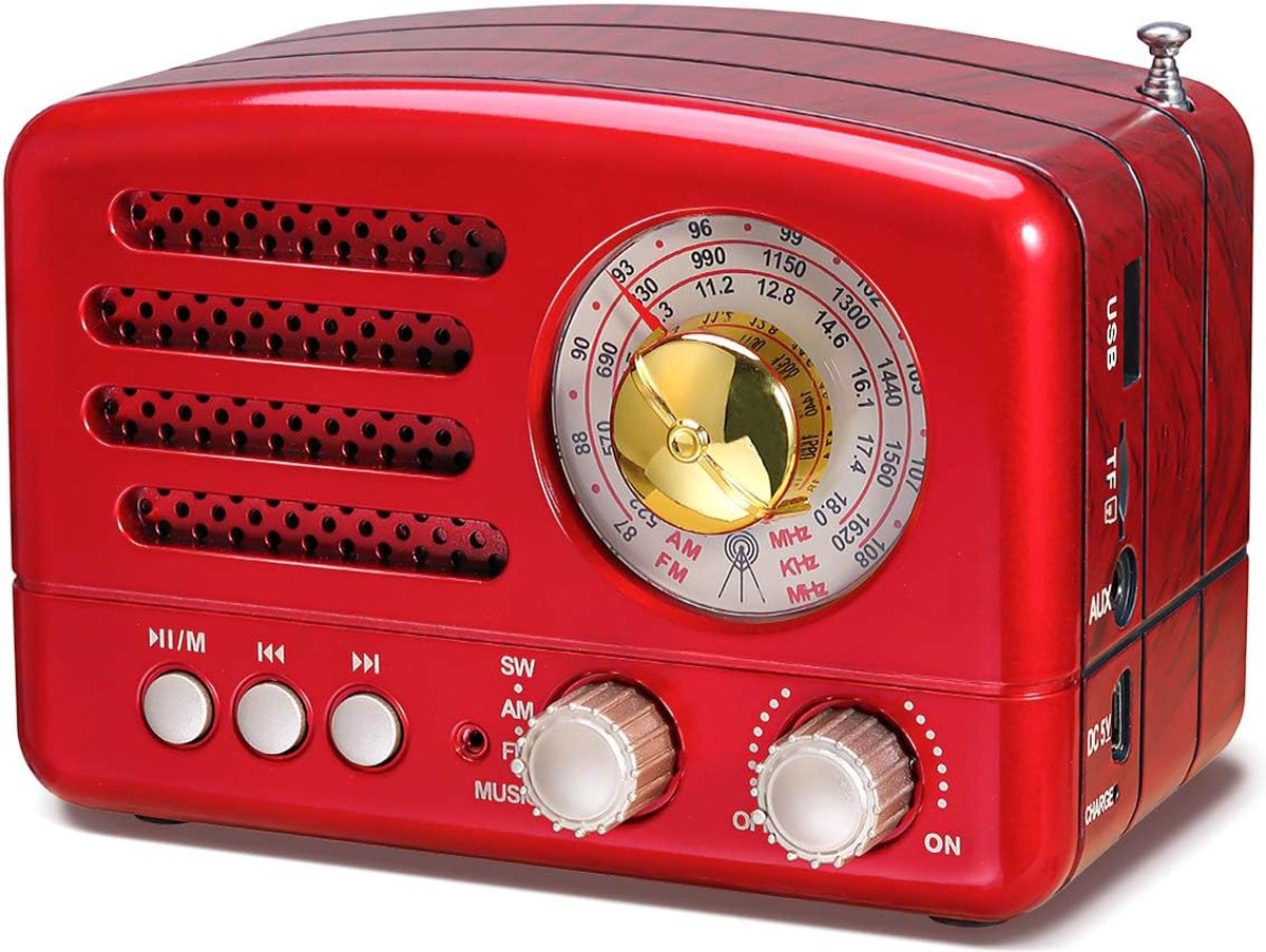 Beroli - PRUNUS J-160 Transistor AM FM Radio, Kleine draagbare Retro Radio met Bluetooth, Oplaadbare Batterij, TF card AUX USB MP3-speler