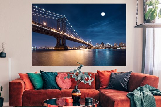 Affiche Moonlight over the Manhattan bridge 180x120 cm - Tirage photo sur Poster (décoration murale salon / chambre) / Affiche Villes XXL / Groot format!
