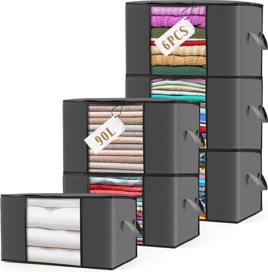 GoMaihe 6 stuks 90 liter onderbedopbergdoos met deksel, opbergtas voor dekbedden, kledingopslag, organizer, helpt je om de opslagruimte beter te benutten