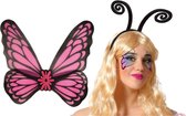 Vlinder verkleed set - vleugels en diadeem - roze - volwassenen - carnaval verkleed accessoires