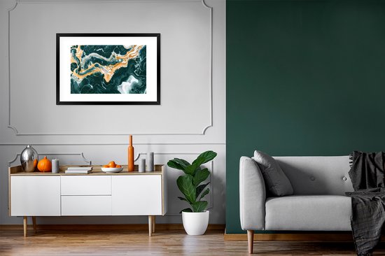 Poster in lijst - Fotolijst 90x60 cm - Posters - Marmer - Aqua - Gouden - Posterlijst zwart - Decoratie - Wanddecoratie woonkamer - Muurdecoratie slaapkamer