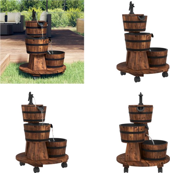 COSTWAY 2-laags Vat Waterval Fontein, Buiten Vat Water Fontein Met Handpomp Rustieke Massief Houten Constructie Buiten Trapsgewijze Waterval Fontein Voor Tuin Achtertuin Terras Veranda Tuin