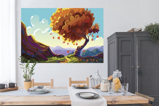 Une illustration d'un grand arbre avec un fond coloré poster 180x120 cm - Tirage photo sur Poster (décoration murale salon / chambre) / Poster Arbres XXL / Groot format!