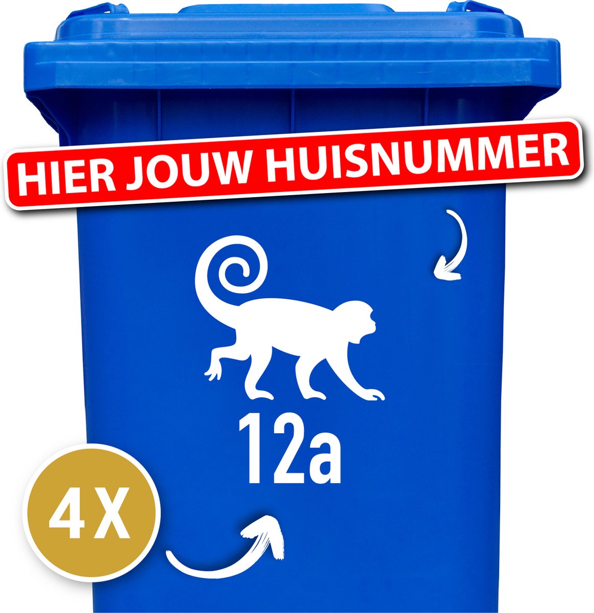 Container Sticker Huisnummer + Slinger Aap 4 Stuks - wit - 20 x 20 cm - kliko Sticker Voordeelset - Containerstickers - Weerbestendige Stickers - Stickers Buiten - Containersticker Huisnummer - klikostickers - Cijfer Sticker
