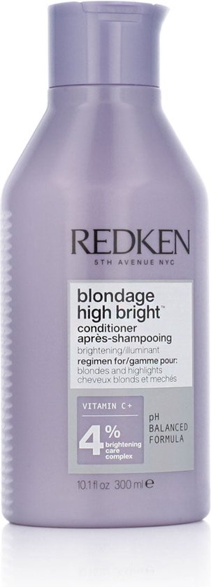 Flacon violet de 300 ml de Redken Blondage High Bright Conditioner, avec formule équilibrée à 4% C+.
