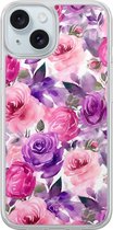 Casimoda® hoesje - Geschikt voor iPhone 15 - Rosy Blooms - 2-in-1 case - Schokbestendig - Bloemen - Verhoogde randen - Roze, Transparant
