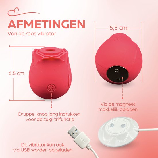 Afmetingen van de roze roos vibrator: 6,5 cm hoog, 5,5 cm breed. Oplaadbaar via magneet of USB.
