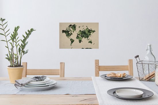 Sticker Muursticker Cartes du monde du Wereldkaart motif de feuilles sur fond couleur sable - 30x20 cm - Film adhésif autocollant - Sticker mural repositionnable