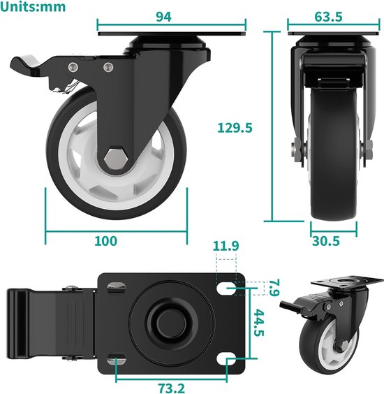 eyepower 4 Stuks 360° Zwenkwiel 75mm - Zwaarlast Wielen met Schroefplaat Nylon Zwenkwielen met Plaat Meubelwielen Zwaarlastwielen voor Meubels Bureauwielen Werkbankwielen Kastwielen Plankwielen