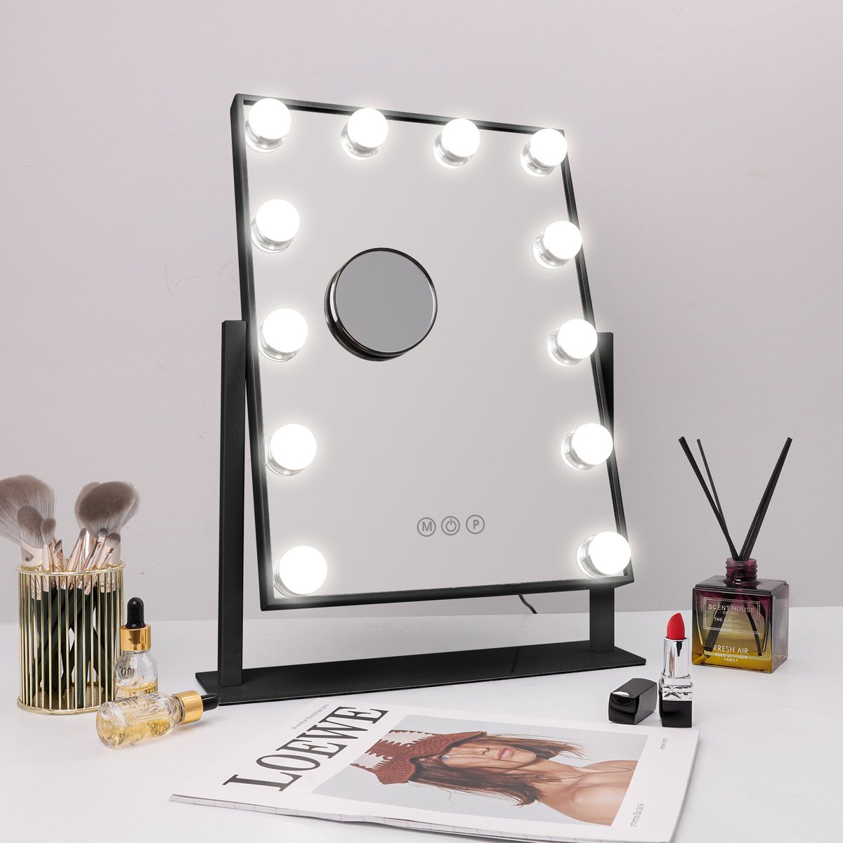 Goedkoopste Sefaras Hollywood Spiegel met Verlichting - 12 Bulb - Inclusief vergrootglas 5X & Extra Bulb lamp - Make Up Spiegel - Dimbaar met drie lichtstanden - Zwart