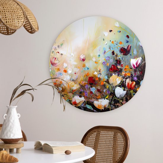 WallCircle - Cercle mural - Cercle mural intérieur - Peinture à l'huile - Fleurs - Coloré - Nature - 60x60 cm - Décoration murale - Peintures ronds