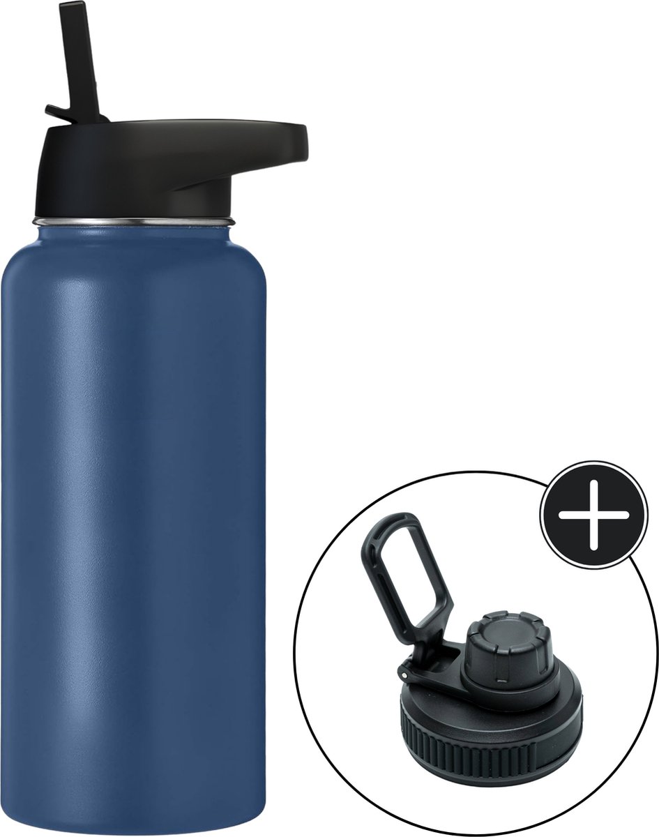 Drinkfles - Navy Blue - 1 Liter - Extra Dop Met Rietje & Drinktuit - Waterfles Met Rietje - Isoleerfles - BPA vrij - Lekvrij
