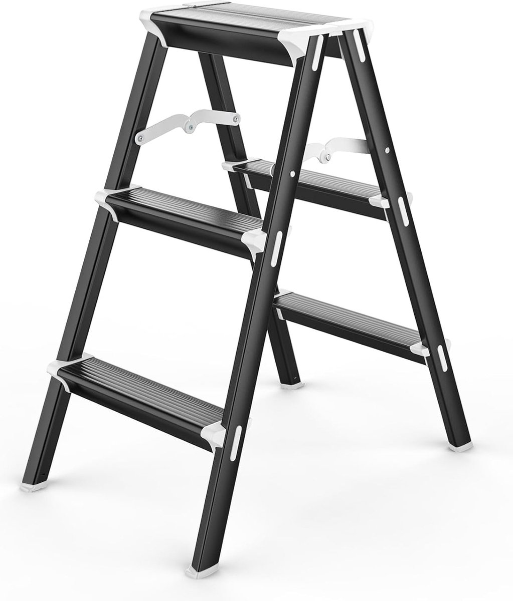 Trapladder, vouwtrap, dubbelzijdige aluminium trapladder, 3 treden inklapbaar, belastbaar tot 150 kg, antislip draagbare ladder, huishoudladder