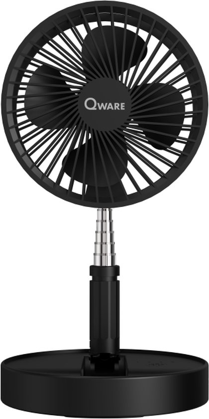 Draagbare mini bureauventilator Qware zwart, USB-C oplaadbaar, 7200 mAh batterij, 3 snelheden, compact & krachtig