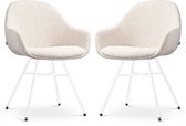 Nolon Noa-Mae Eetkamerstoelen Set van 2 Bouclé Beige - met Armleuning - Stof - Wit Metalen Poten - Design - Scandinavisch - Comfortabel