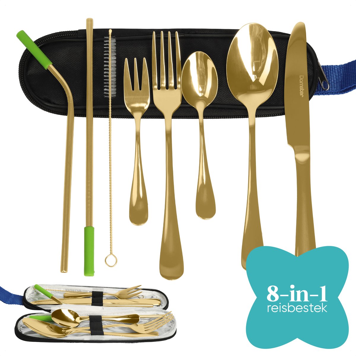 Damster uitgebreid reisbestek - 9-delig - herbruikbare rietjes & exclusieve etui - Eenpersoons- Goud