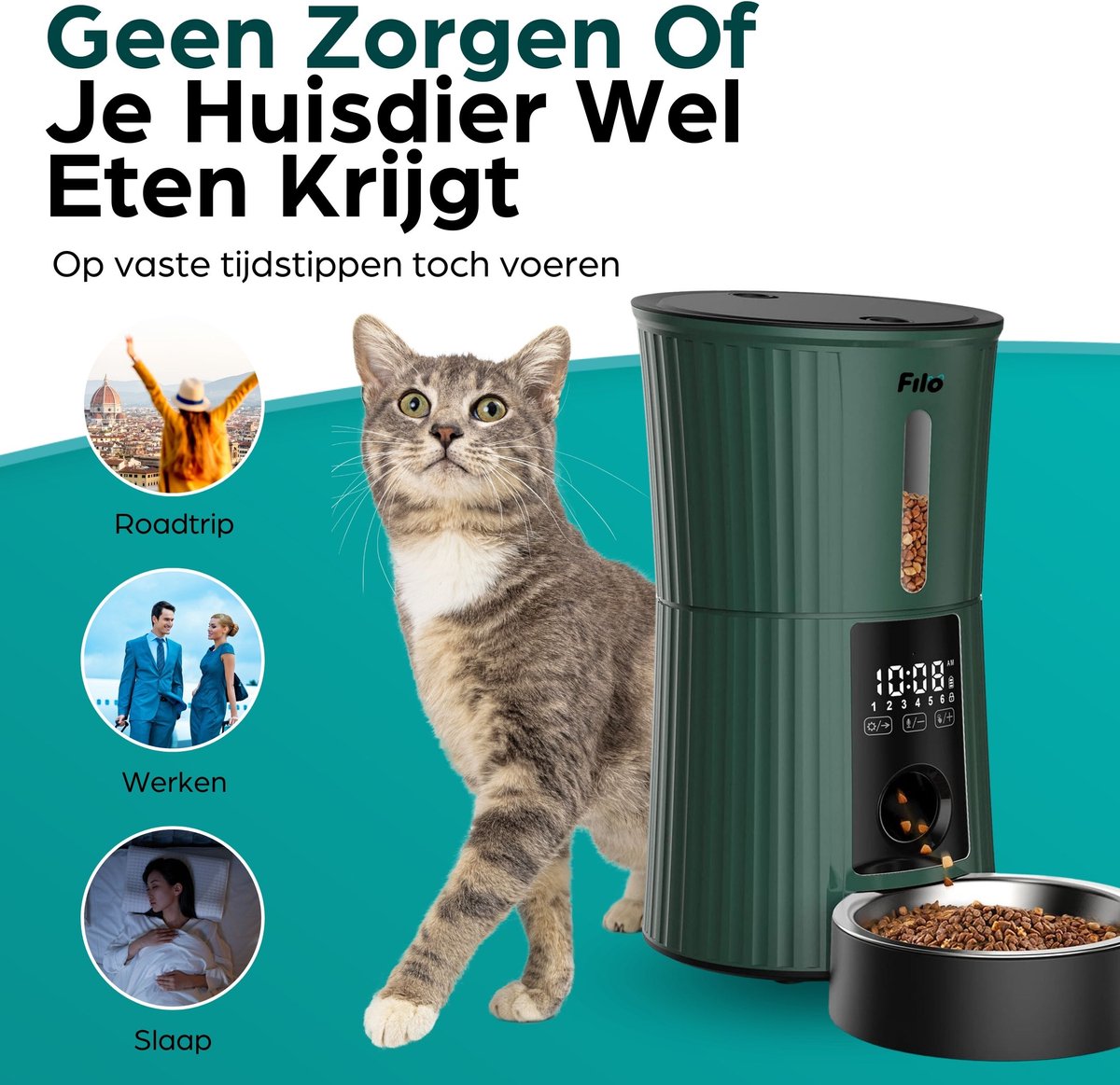 Afbeelding 2 van Filo Automatische Voerbak Kat en Hond met App Groen 4L - Voerautomaat - Voerdispenser - Voederbak - Voerautomaten Katten - Honden