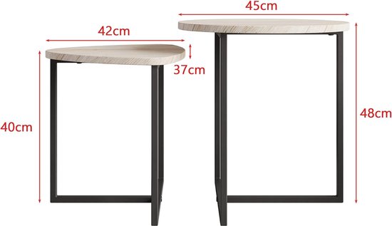 Ronde salontafel, set van 2, bijzettafelset, banktafel, salontafel, metalen onderstel en hartvorm, houten tafelblad, industrieel ontwerp, woonkamertafel, modern, zwart + eiken