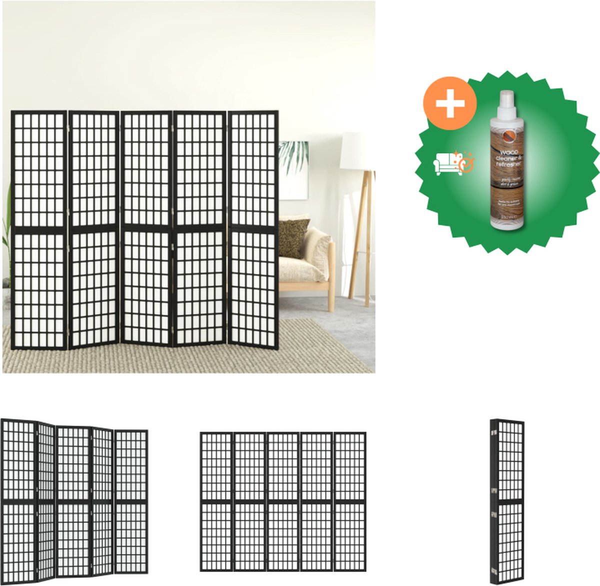 VidaXL Kamerscherm inklapbaar 5 panelen Japanse stijl 200x170 cm zwart Kamerscherm Inclusief Houtreiniger en verfrisser