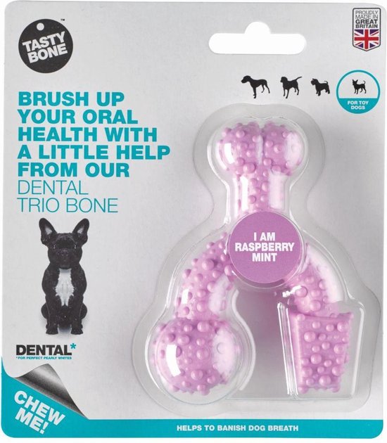 Roze Tasty Bone Dental Trio Bone, verpakt, met de tekst 'I AM RASPBERRY MINT'. Kleine hondjes op de verpakking.