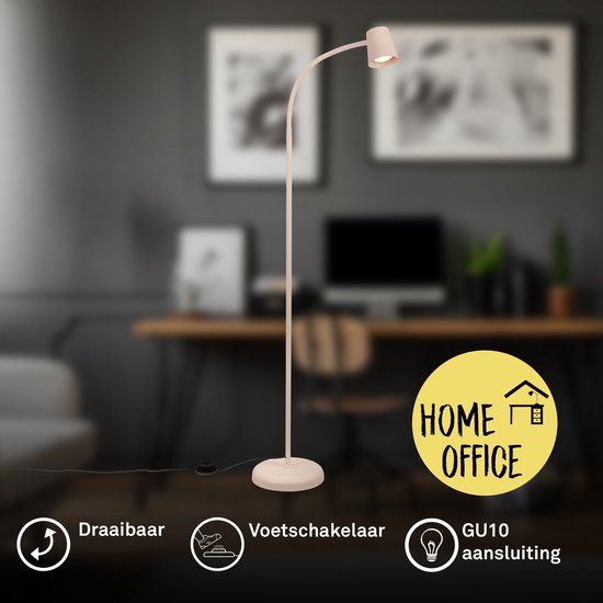 Beige vloerlamp met een gebogen arm en GU10 fitting. Met voetschakelaar. Geschikt voor thuiswerken.