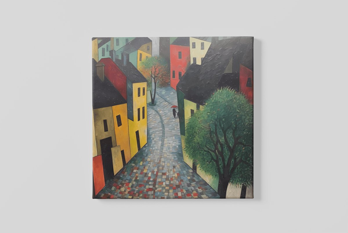 Trendex Global Vierkant Canvas Schilderij - Kleurrijke kunst - Dorp - Wanddecoratie - 60x60x2 cm