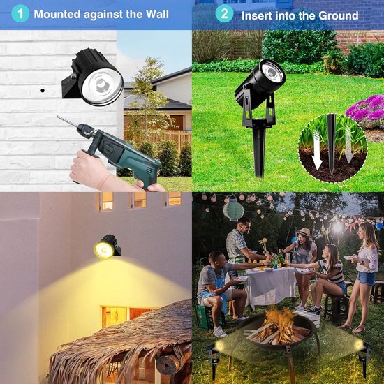 SanGlory Set of 8 Garden Spotlights with Ground Spike 3W 2880 Lumen LED Garden Lights with Plug IP65 Waterproof with Cable Warm White Outdoor Lamp for Tree, Pond Garden