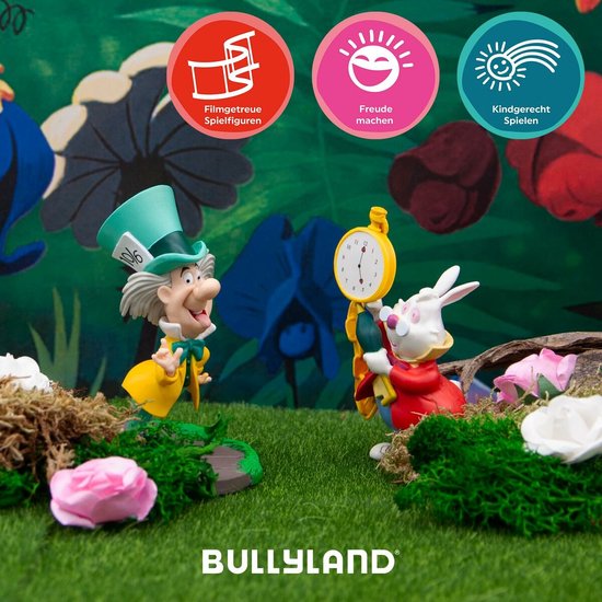 De Mad Hatter, het Witte Konijn met horloge en Alice in een tuin met groene achtergrond.