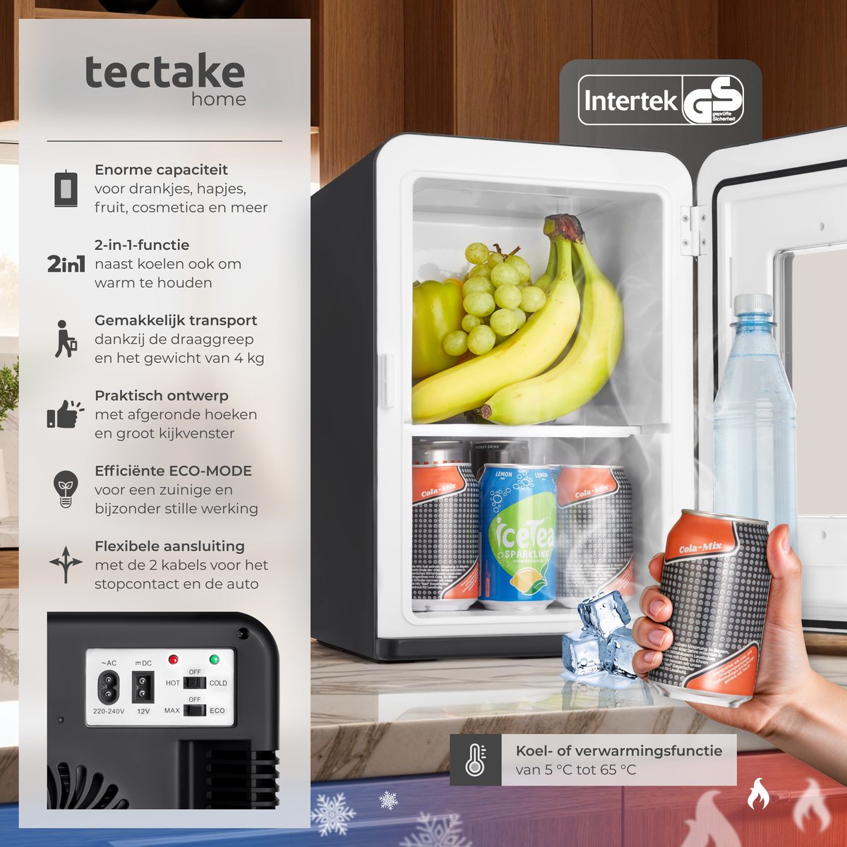 tectake® Mini-Autokoelkast - Draagbare minibar 14L - 2-in-1-functie: koelen en verwarmen - 5 tm 65 °C - Mini Koelkast - Elektrische Koelbox - 12v + 220/240v Aansluiting - Draagbare Campingkoelkast — afbeelding 7