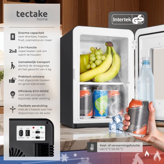 Zwarte minikoelkast met fruit en blikjes. Links:Technische specificaties en functies. Rechts: Temperatuurinstellingen.