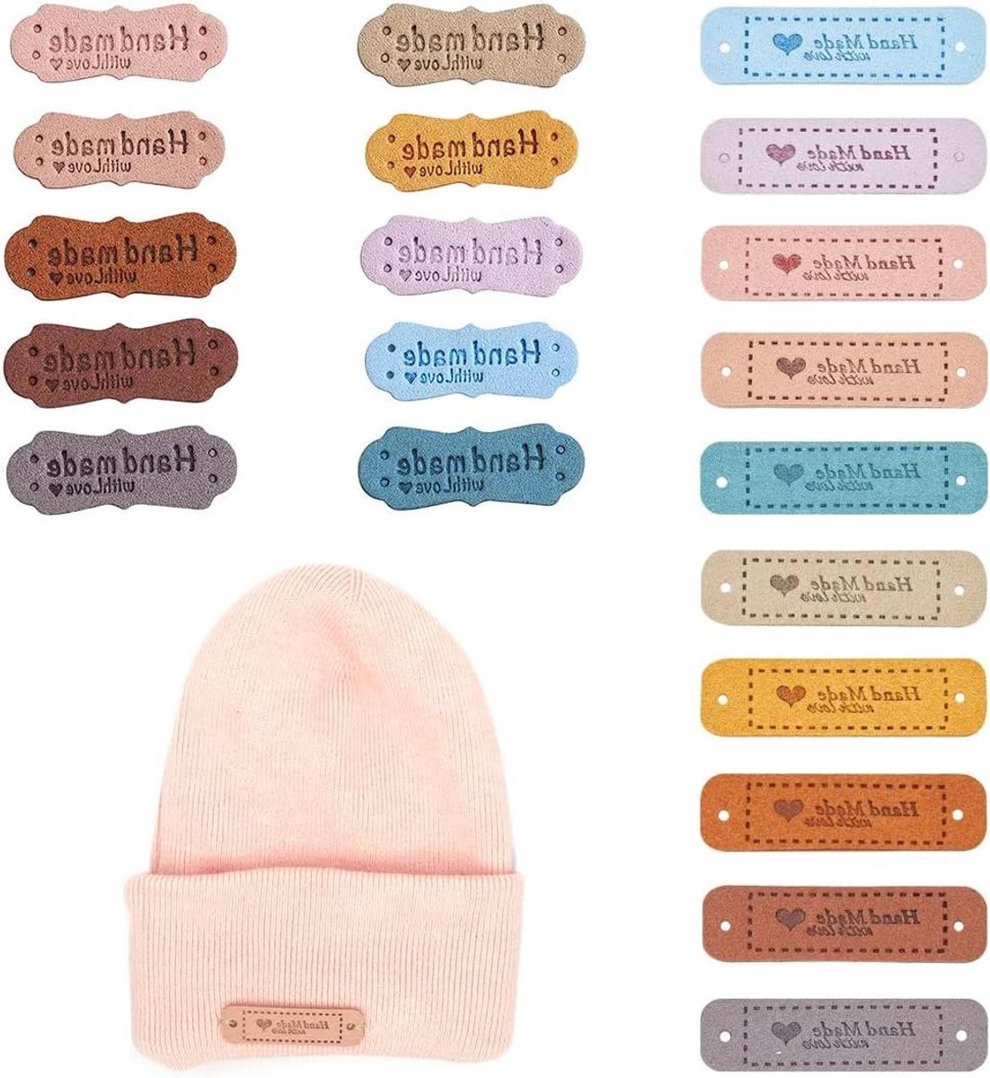 Allecto Plus - Handgemaakte lederen labels voor breiaccessoires en naaien - 40 stuks met suède etiketten - DIY hoeden en kleding decoratie - 15 x 55 cm en 42 x 15 cm