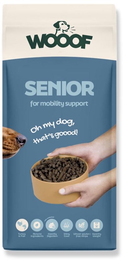 WOOOF Senior 18KG - Geperst Senior hondenvoer - Kalkoen en Vis - Soepele gewrichten - Oudere honden - Droogvoer - 18KG