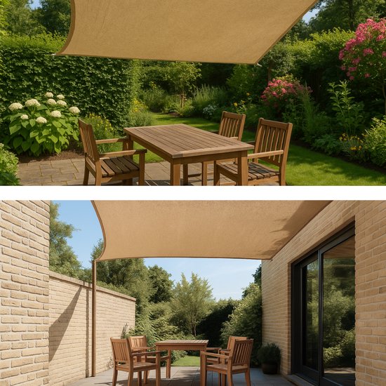 Beige rechthoekig schaduwdoek hangend boven een houten tafel en stoelen in een tuin. Geeft schaduw aan een terras.
